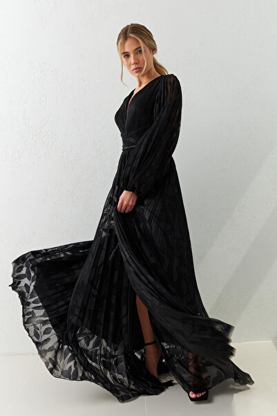 Setre Black V-Neck Waist Tie Detailed Flowing Midi Long Sleeve Dress
