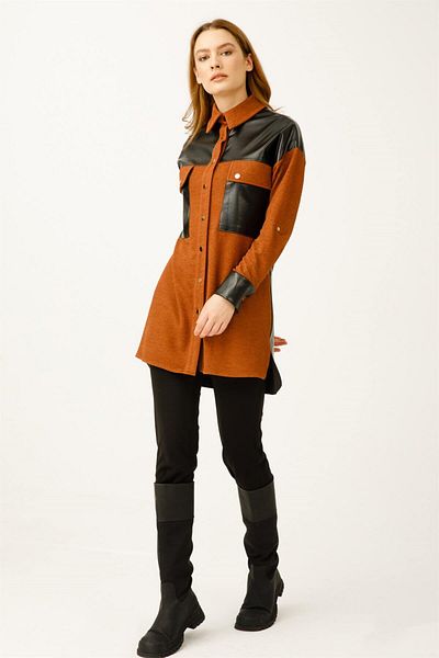 Esswaap Leather Detailed Snap Closure Tunic Tan