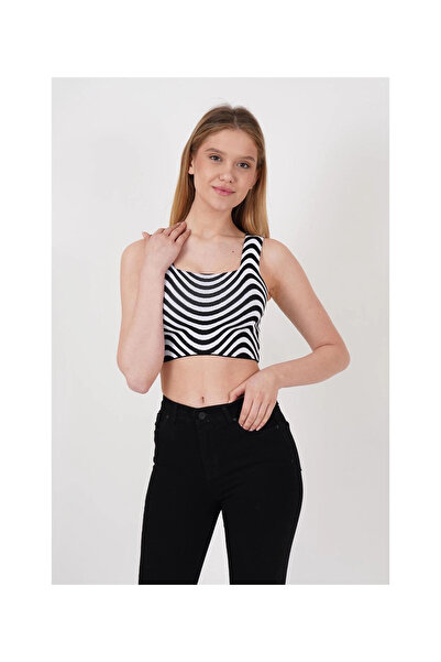 Cotton Mood 23256429 - Zebra Patterned Knitwear Crop Tank Top, Square Collar, Black