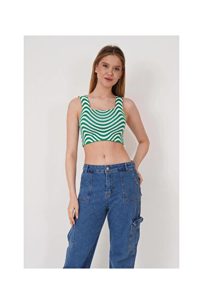 Cotton Mood 23256429 - Yesil Knitwear Zebra Patterned Square Collar Crop Tank Top