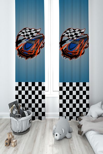 MEKTA HOME BABY AND KIDS ROOM Blue McQueen Patterned 2 Wing Background Curtain