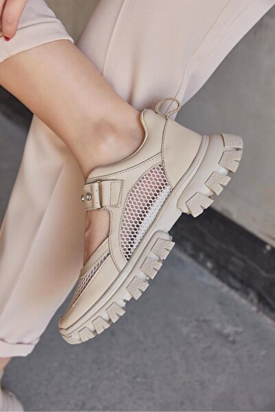 NILUFARR Γυναικείο Sneaker Melissa Beige με δερμάτινα πέτρινα αξεσουάρ