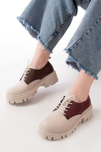 Aymood 868-754 Bej Garni Pantofi de zi cu șireturi cu talpă înaltă