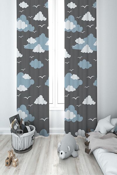 MEKTA HOME Baby and Children's Room Birds and Clouds Two Wings Background Curtain Mkt-398