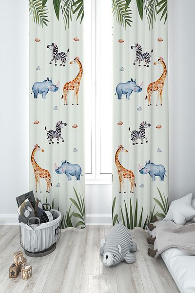 MEKTA HOME BABY AND KIDS ROOM Safari Animals Leaves Patterned 2 Wings Background Curtain