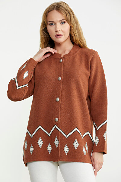 Sementa Brick Color Pearl Detailed Wool Knitwear Jacket