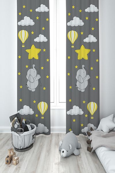 MEKTA HOME BABY AND KIDS ROOM Elephant Star and Flying Balloon Patterned 2 Wings Background Curtain