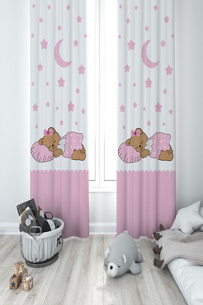 MEKTA HOME BABY AND KIDS ROOM Sleeping Cute Bear Patterned Pink 2 Wings Background Curtain