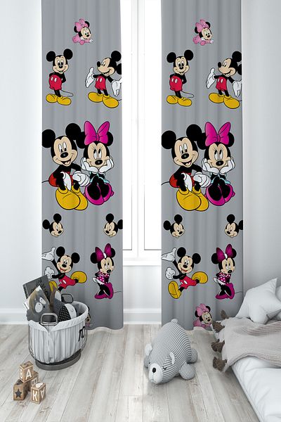 MEKTA HOME BABY AND KIDS ROOM Mickey and Minnie Mause Patterned Hopscotch 2 Wings Background Curtain