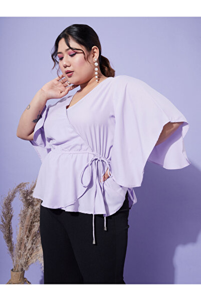 Sassafras By Styli Plus Solid Wrap Top with Bell Sleeves