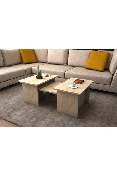 AYMOBSAN Alina Orta Sehpa 3'lü Zigon Takım, Modern, 90 Cm, Traverten