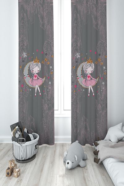 MEKTA HOME BABY AND KIDS ROOM Girl Sitting on the Moon Pink Motif Gray 2 Wing Background Curtain