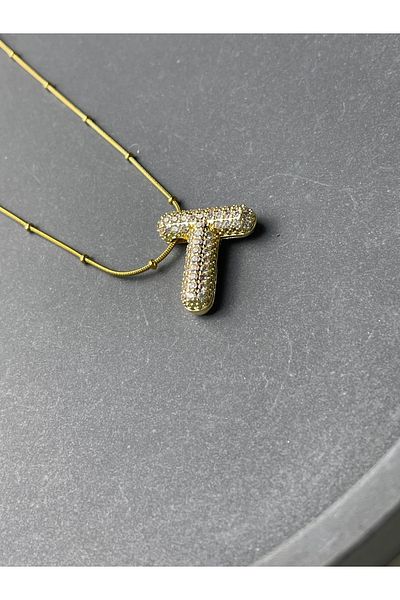 Poison Accessories Gold Color Zircon Stone Steel Balloon Necklace - Letter "T"