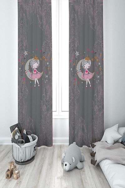 MEKTA HOME Baby and Children's Room Gray Motif Princess Girl Two Wings Background Curtain Mkt-376