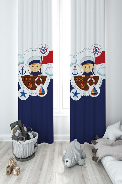 MEKTA HOME BABY AND KIDS ROOM Small Sailor Captain Patterned 2 Wing Background Curtain