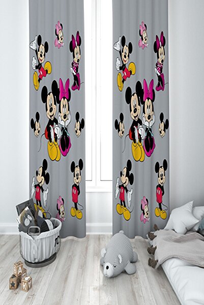 MEKTA HOME Bebek Ve Çocuk Odası Mickey Minnie Mouse Iki Kanat Fon Perde Mkt-284