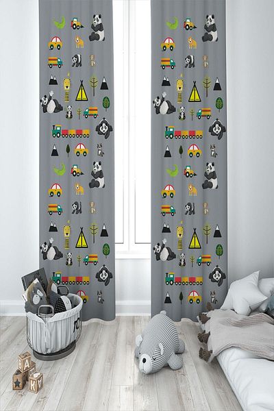MEKTA HOME Baby and Children's Room Gray Cute Educational Two Wing Background Curtain Mkt-188