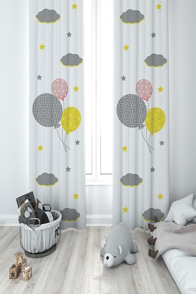 MEKTA HOME BABY AND KIDS ROOM Three Color Balloon Patterned 2 Wing Background Curtain