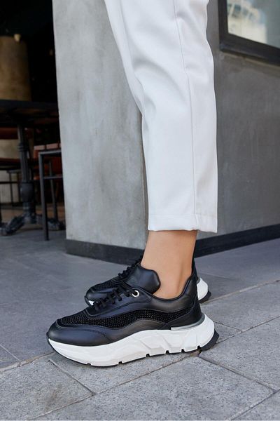 NILUFARR Hilary Black Genuine Leather Stoned Women's Sneakers