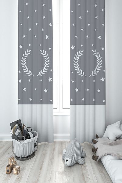 MEKTA HOME BABY AND KIDS ROOM Wreath Star Patterned Framed Gray 2 Wings Background Curtain