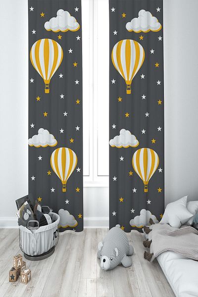 MEKTA HOME Baby and Children's Room Balloon and Cloud Patterned Two Wing Background Curtain Mkt-373