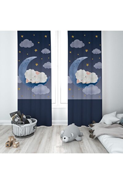MEKTA HOME Bebek Ve Çocuk Odası Uyuyan Kuzu Gece Desenli Fon Perde