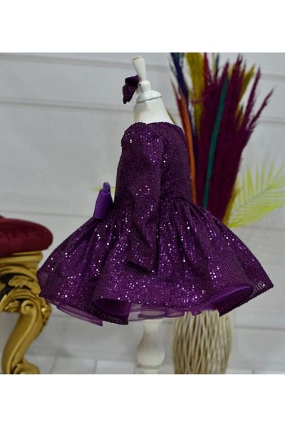 ELLUSSİ Plum Colored Sequined Girl's Fluffy Dress - Low-cut and Feather Detail