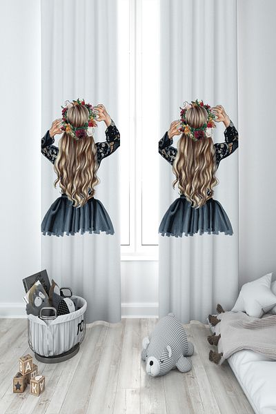 MEKTA HOME BABY AND KIDS ROOM Long Haired Princess Girl Patterned 2 Wings Background Curtain
