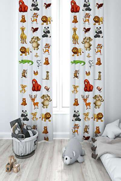 MEKTA HOME BABY AND KIDS ROOM Road Animal and Car Patterned 2 Wing Background Curtain