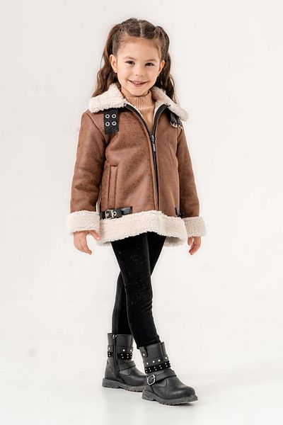Minigimin Cicileri Girl's My Mini's Flowers - Welsoft Leather, Zippered Coat, Brown Set