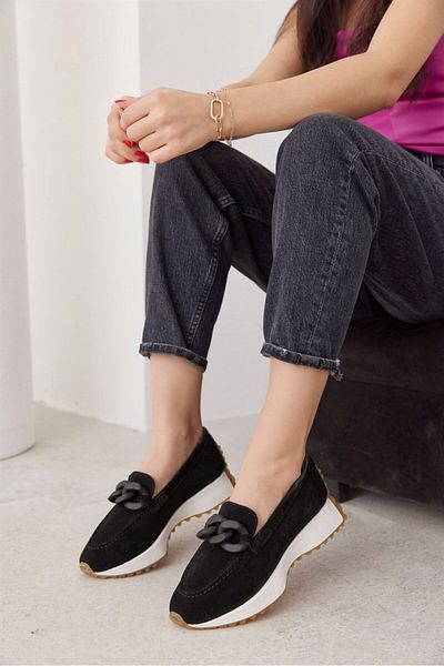 NILUFARR Darius Black Genuine Suede Women's Sneakers with Chain Accessories