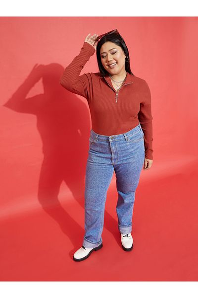 Sassafras By Styli Plus Collared Rib Front Zip Long Sleeve Top