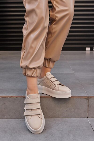 NILUFARR Mila Bej Hakiki Deri Zebra Detaylı Cırt Bantlı Kadın Sneaker