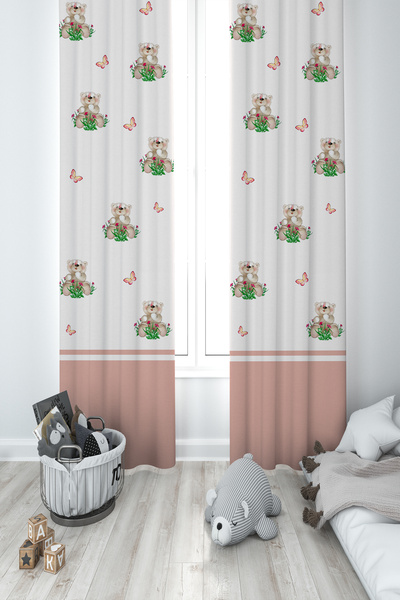 MEKTA HOME CAMERA BEBEȘI ȘI COPII Perdele de fundal cu 2 aripi cu ursuleț și ...