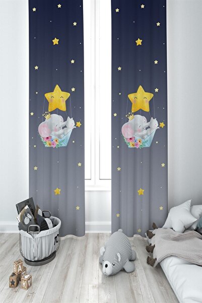 MEKTA HOME Star Patterned Gray Children's Room - 2 Wing Background Curtain Mk...