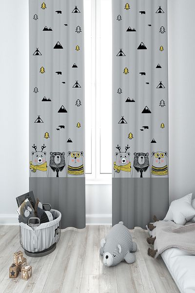 MEKTA HOME BABY AND KIDS ROOM Cute 3-Piece Bear and Road Patterned Gray 2 Wing Background Curtain