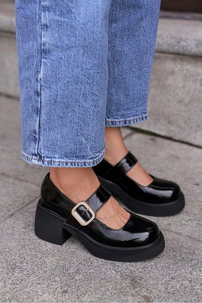 NILUFARR Claudia Black Patent Leather Thick Heeled Women's Shoes