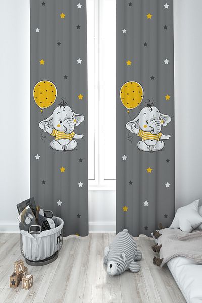 MEKTA HOME BABY AND KIDS ROOM Yellow Elephant Balloon Patterned 2 Wings Background Curtain