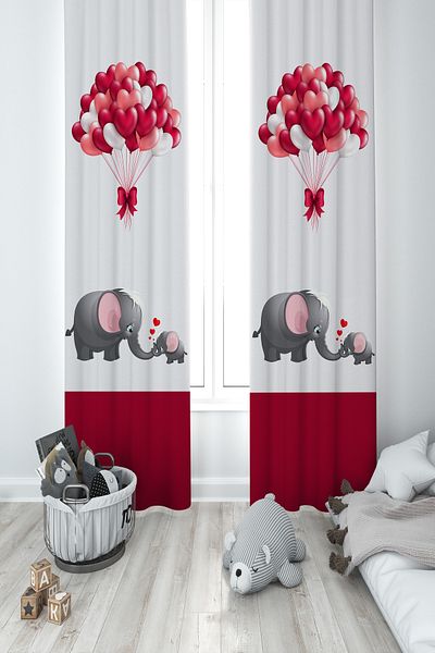 MEKTA HOME BABY AND KIDS ROOM Elephant and Heart Patterned 2 Wing Background Curtain