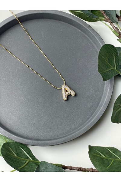 Poison Accessories Zirkon taş kaplı Çelik balon harf kolye gold “A” harfi