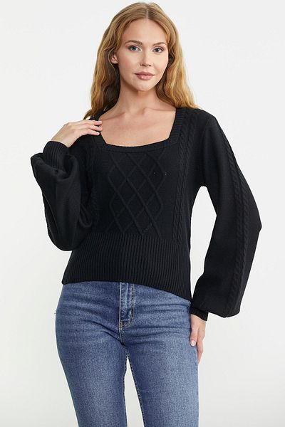 Sementa Pulover din tricot cu mânecă largă cu gât pătrat - negru