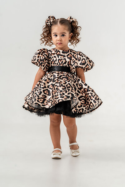 Gocoland Kız Çocuk Leopar Desenli Tarz Elbise Abiye Düğün Balo Davet