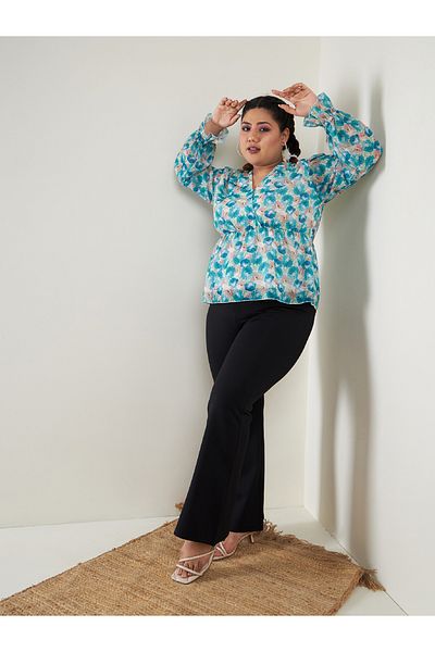 Sassafras By Styli Plus Floral Print V Neck Peplum Top