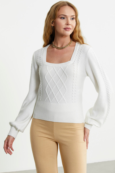 Sementa Square Collar Wide Sleeve Knitwear Sweater - Bone