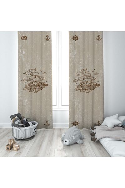 MEKTA HOME Baby and Children's Room Brown Sailor Two Wing Background Curtain Mkt-207