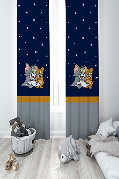 MEKTA HOME Bebek Ve Çocuk Odası Yıldızlar Tom Ve Jerry Iki Kanat Fon Perde Mk...
