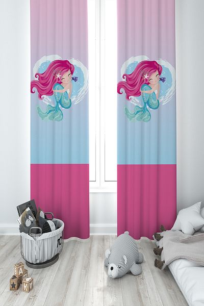 MEKTA HOME BABY AND KIDS ROOM Mermaid Patterned 2 Wing Background Curtain