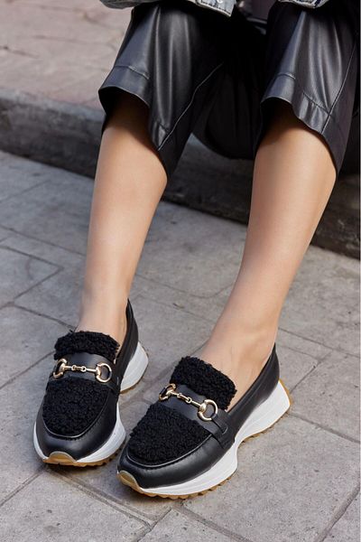 NILUFARR Pantofi de damă Shaggy Black din piele naturală cu blană