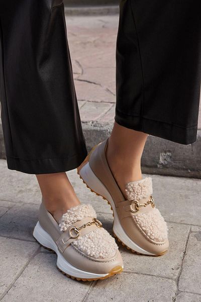 NILUFARR Pantofi de damă Shaggy Beige din piele naturală și blană