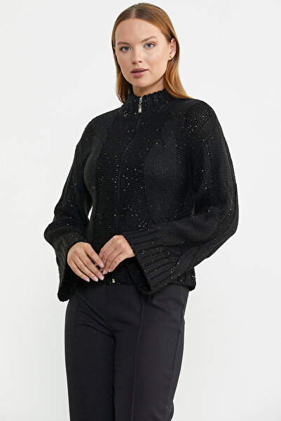 Sementa Stand Collar Loose Sleeve Wool Knitwear Cardigan - Black